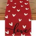 Detail of red linen table runner with white hearts and love script on dark wood - 33x183cm / Red Base White Heart Style (Pattern 1)