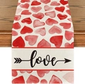 Linen table runner with red watercolor hearts and love lettering on wooden table - 33x183cm / Heart Love Arrow Style (Pattern 5)
