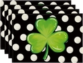 Detail of four linen St. Patrick's Day placemats with shamrocks on polka dot background - Polka Dot Clover Style