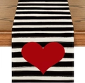 Close-up of heart print on black and white striped linen table runner for home decor - 33x183cm / Black White Stripes Red Heart Style (Pattern 4)