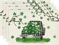 Detail of St. Patrick's Day linen placemats with green clover truck and lucky pattern - Plaid Truck Style
