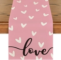 Detail of pink linen table runner with white hearts and love print on wood texture - 33x183cm / Pink Base White Heart Style (Pattern 2)