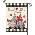 Detail of garden flag with gnomes, black metal L-bracket and Hello Love text print - Gnome Hugging Style (1)