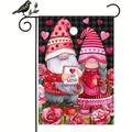 Valentine's Day garden flag with gnomes, hearts, and a bird-topped metal hook stand - Gnome Couple Style (4)