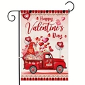 Close-up of double-sided linen Valentine's Day garden flag with gnome and red heart truck - Red Heart Truck Style (6)