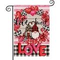 Detail of linen garden flag with gnome hearts and black metal stand for Valentine decor - Gnome Heart Circle Style (7)