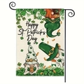 Double-sided St. Patrick's Day garden flag with gnome design and black metal stand - Irish Gnomes and Ribbon Design (1)