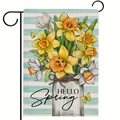 Bandiera da giardino in lino con fiori primaverili in vaso e scritta Hello Spring - Stile Narciso Hello Spring (2)