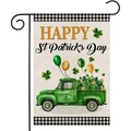 Detail of St. Patrick's Day garden flag with green truck and shamrocks on linen texture - Vintage Green Truck Shamrock Farms (5)