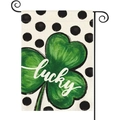 Detail of St. Patrick's Day garden flag with lucky clover on textured linen fabric - Black Polka Dot Lucky Clover (7)