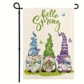 Detailansicht der Gartenfahne aus Leinen mit Frühlingswichteln und Schriftzug - Drei Gnome Frühling Stil (7)