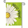 Detailierte Textur der Leinen Gartenfahne mit Gänseblümchen und Hello Spring Text - Grüne Gänseblümchen Frühling Stil (8)