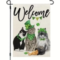 Detail of St. Patrick's Day garden flag with cats, gold coins, and Welcome text - Three Cats Holiday Party Design (9)