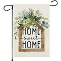 Detail der Gartenfahne aus Leinen mit Sukkulenten und schwarzem Metallständer für draußen - Sukkulenten Home Sweet Home Stil (9)