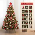 Sapin de Noël luxe 1,5m rouge et blanc avec 74 ornements festifs et lumières chaudes - Kit Sapin 1,5m Noeud Rouge et Blanc (Avec Lumières + Clôture)