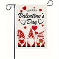Valentine's Day garden flag with three gnomes and hearts on a white linen background - Gnome Trio Style (2)