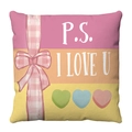 Macro detail of plush velvet pillow cover with P.S. I Love U print and pink bow design - PS I Love U Stripe Style (3)