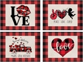Lot de 4 sets de table en lin Saint-Valentin avec motifs de gnomes à carreaux rouges - Style Camion Cœur Cupidon