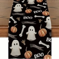 Halloween table runner featuring black fabric with white ghosts, pumpkins and BOO pattern - Black Ghost Pumpkin (Pattern 1) / 33x183cm