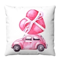 Detail von rosa Oldtimer und Herz-Aquarelldruck auf weißem Plüsch-Kissenbezug - Rosa Oldtimer & Herz