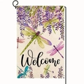 Bandiera da giardino in lino con libellule e scritta 'Welcome' su supporto nero - Stile Libellula Benvenuto (1)