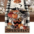 Halloween tafelloper met vintage pompoen en schedel print op zwart-wit geblokte stof - 33*183cm / Pompoen Roos (Patroon 2)