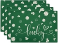 Set di 4 tovagliette in lino verde scuro per San Patrizio con trifogli e scritta Lucky - Lino / Stile Artistico Lucky