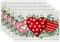 Set of 4 linen placemats with pink hearts and eucalyptus leaves on striped background - Linen / Striped Eucalyptus Heart Style (5)