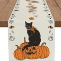 Halloween table runner with black cat and pumpkin prints on beige linen fabric - Style 8-Beige Base Black Cat Jack-o-lantern / 33x183cm