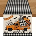 Halloween table runner with orange vintage pumpkin truck and black buffalo plaid border - Style 2-Black and White Grid Truck SPOOKY / 33x183cm