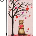 Linen Valentine's Day garden flag with a cute brown cat hugging a red heart and heart tree - Cat Heart Tree Style (10)