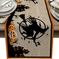 Runner da tavola Halloween con stampe di streghe e zucche su lino beige per decoro casa - Castello della Strega Beige (Modello 9) / 33x183cm