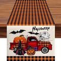 Halloween table runner with orange plaid patterns, vintage truck, and pumpkin lantern - Style 1-Buffalo Plaid Truck Pumpkin / 33x183cm