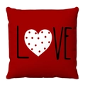 Roter Plüsch-Kissenbezug mit schwarzem LOVE-Text und rotem Herzmuster mit Punkten - Großer roter LOVE-Buchstaben-Herz-Stil