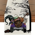 Runner da tavola per Halloween con camion viola, zucche e stampa Happy Halloween in lino - Camion Viola Zucca (Modello 11) / 33x183cm