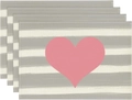 Set of 4 linen placemats with grey stripes and a pink heart for romantic table decor - Linen / Grey White Striped Pink Heart (11)