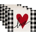 Set of 4 linen Valentine placemats with buffalo plaid, red heart and love text - Linen / Plaid Border Red Heart Love (15)