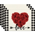 Set of 4 linen placemats with buffalo plaid borders and red rose heart love design - Linen / Rose Heart Plaid Border (18)