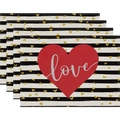 Set of 4 linen placemats with black stripes and red heart love design for Valentine's Day - Linen / Black White Striped Glitter Heart (17)