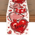 Détail du chemin de table en lin avec cœurs rouges et texte love sur bois foncé - Cœurs 3D & Lettrage Love (Motif 6) / 33*183cm