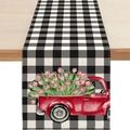Détail d'un chemin de table en lin à carreaux noir et blanc avec camion rouge et tulipes - Camionnette à Tulipes à Carreaux (Motif 12) / 33*183cm