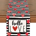 Détail du chemin de table en lin à rayures noires et blanches avec cœurs rouges et texte hello LOVE - Cœur Rouge à Rayures Noir Blanc (Motif 7) / 33*183cm