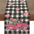 Chemin de table en lin à carreaux noir et blanc avec motif de camion rose Saint-Valentin - Camion Rose à Carreaux XOXO (Motif 8) / 33*183cm