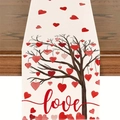 Détail du chemin de table en lin avec arbre à cœurs rouges et imprimé Love de Saint Valentin - Arbre à Cœurs Beige & Love (Motif 11) / 33*183cm