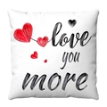 White plush Valentine cushion cover featuring a red heart and Love You More text print - Love You More Letter Heart (3)