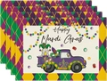 Κοντινό πλάνο τεσσάρων σουπλά Mardi Gras από λινό με vintage φορτηγό και σχέδιο γκνόμ - Λινό / Στυλ Νάνος Μωβ Φορτηγό (1)
