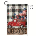 Double-sided Independence Day garden flag with red truck and buffalo plaid welcome design - Linen / Red Pickup Truck Welcome Style (1)