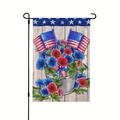 Detailed close-up of double-sided burlap US Independence Day garden flag with metal stand - Linen / Patriotic Flowers In Bucket Style (5)