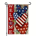 Detailed view of patriotic Welcome garden flag with American flag heart patterns and stand - Linen / Triple Hearts Welcome Style (10)