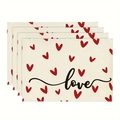 Set of 4 linen Valentine's Day placemats with red hearts and love print design - Linen / Cream Heart Love (21)